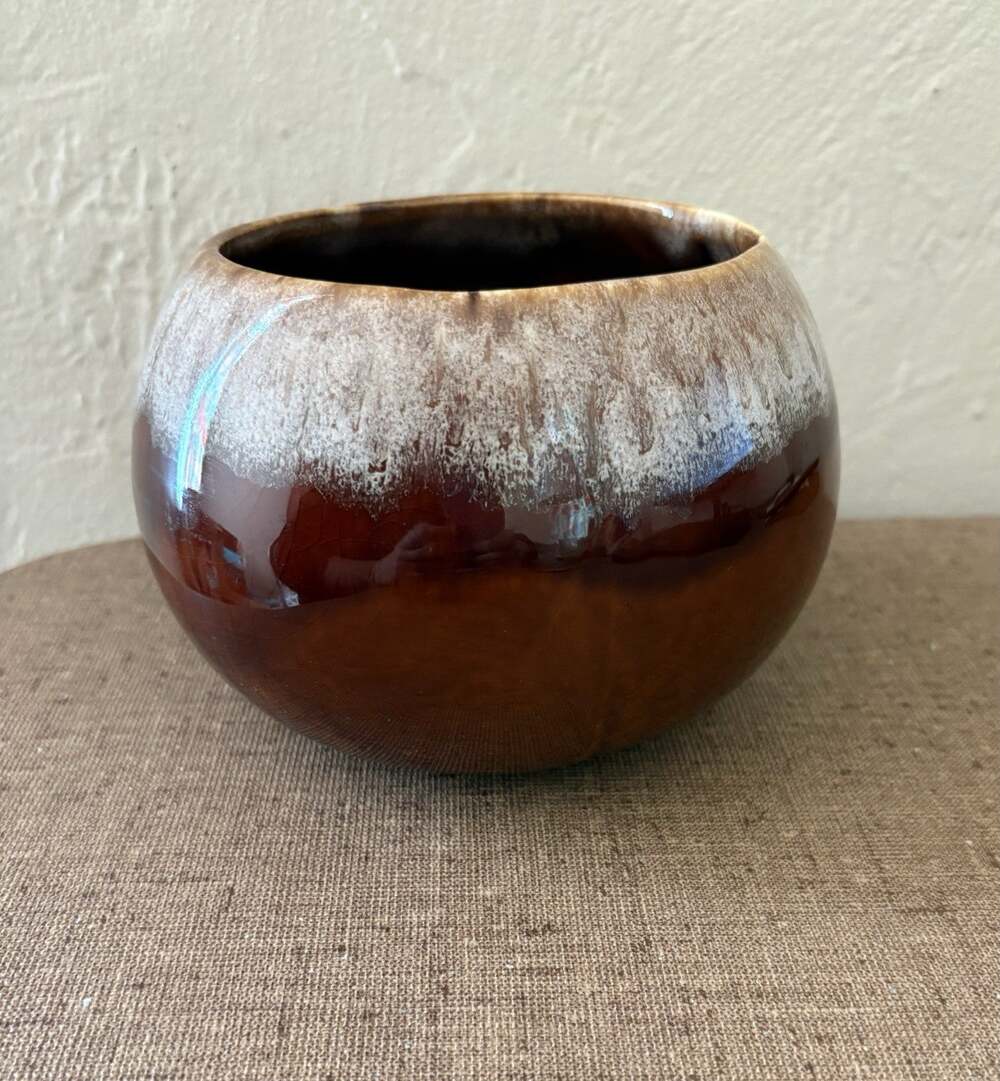 Vintage MCM Pottery Ball Vase 1970’s Brown Drip